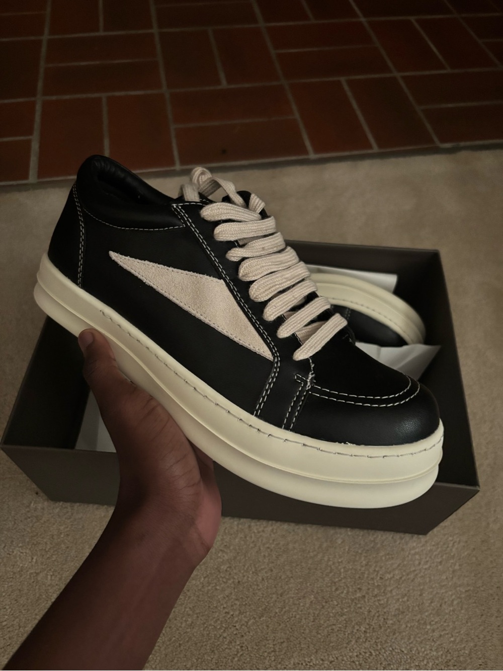 Rick Owens Black Leather Low-Top Sneakers with Cream Accents
